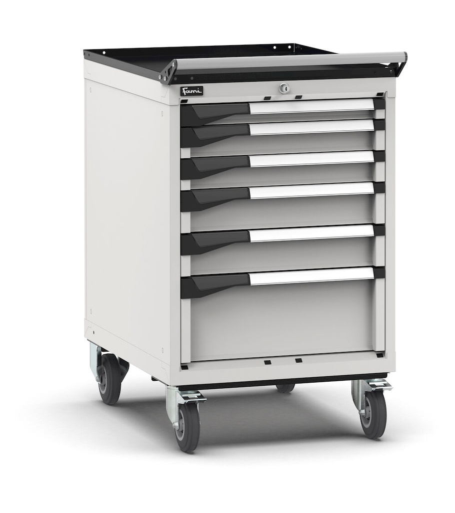 [M23R070C0103208] Armadio con ruote con 6 cassetti 1x50 2x75 2x100 1x200 Master – H 922 mm – 571 × 790 × 922 mm (27×36 EH), Grigio chiaro (RAL 7035)