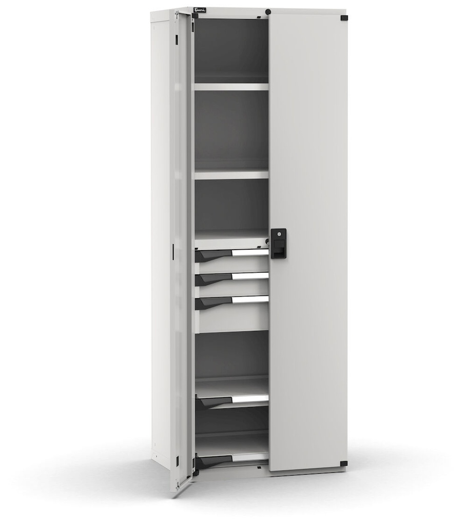 [M32A200C010FX08] Cassettiera Master con porte con 3 cassetti 2xPR 2x100 1x150 2xPE – H 2000 mm – 714 × 573 × 2000 mm (36×27 EH), Telescopica 100% – 200 kg, Grigio chiaro (RAL 7035)