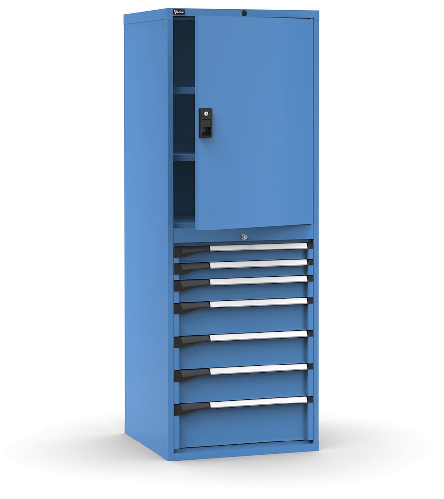 [M33A200C010TB04] Cassettiera Master con porta con 7 cassetti 2xPR 2x75 1x100 3x150 1x200 – H 2000 mm – 714 × 726 × 2000 mm (36×36 EH), Telescopica 100% – 200 kg, Blu (RAL 5012)