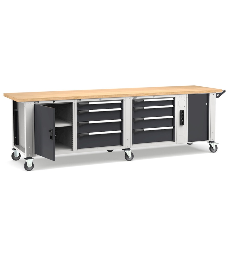 [MASTERMR3071] Banco professionale con ruote, 8 cassetti,  porta, ripiano regolabile, morsa e allacciamenti, 300 cm, grigio e antracite