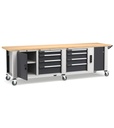 [MASTERMR3071] Banco professionale con ruote, 8 cassetti,  porta, ripiano regolabile, morsa e allacciamenti, 300 cm, grigio e antracite