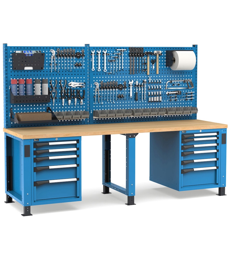 [MASTERWR2566] Banco con 11 cassetti 1x50 4x75 3x100 1x150 2x200 Master – H 1708/2058 mm – 2500 × 750 × 1708/2058 mm, Blu + Grigio antracite (RAL 5012+7016)