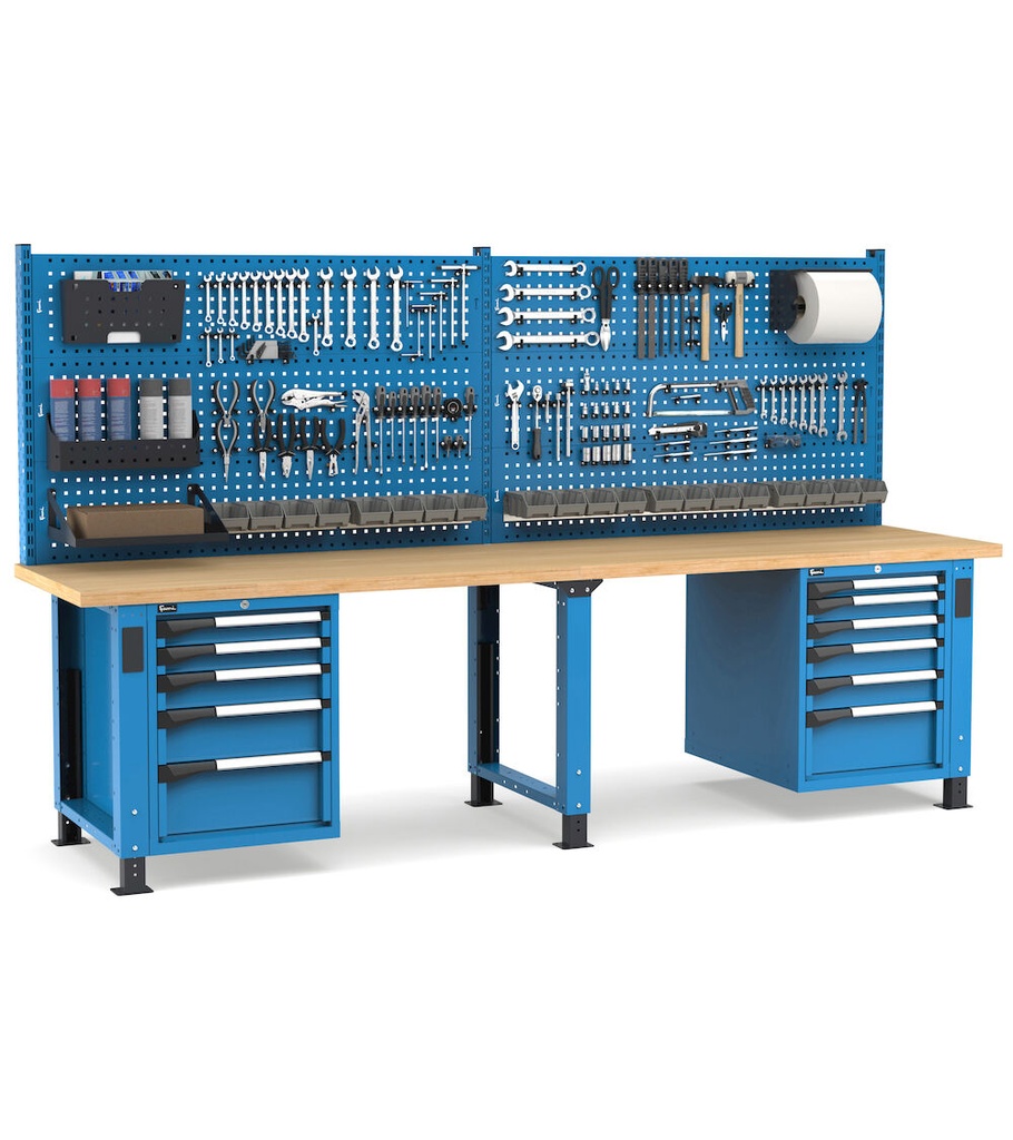 [MASTERWR3066] Banco con 11 cassetti 1x50 4x75 3x100 1x150 2x200 Master – H 1708/2058 mm – 3000 × 750 × 1708/2058 mm, Blu + Grigio antracite (RAL 5012+7016)