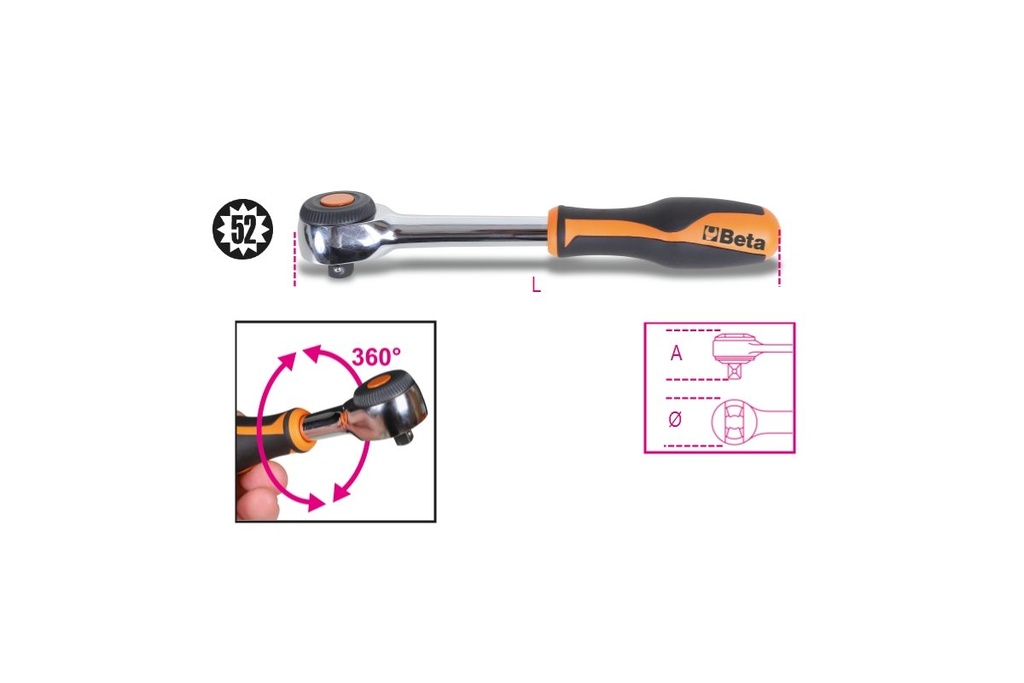 [009100884] Cricchetto reversibile con impugnatura rotante con attacco quadro maschio 3/8" meccanismo a 52 denti Beta 910/58