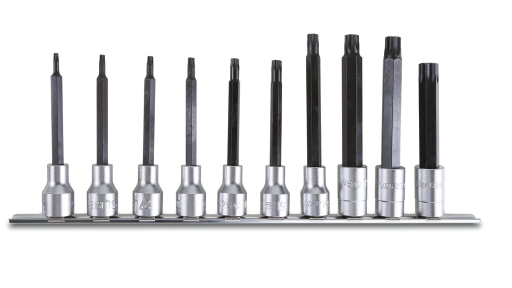 Serie di 10 chiavi a bussola maschio lunghe (art. 920TX/L) per viti con impronta Torx(R) su suporto Beta 920TX-L/SB10