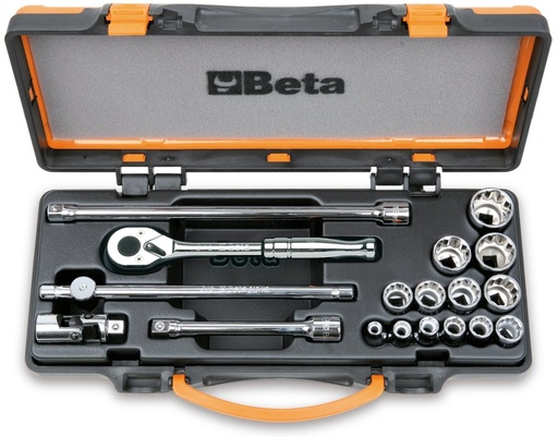 Beta 910AS/MBM-C18 – Assortimento di 13 chiavi a bussola a mano poligonali e 5 accessori in cassetta di lamiera