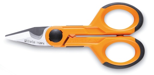 Beta 1128FX – Forbici per elettricisti lame dritte in acciaio inossidabile con microdentatura, gola tranciacavo e crimpatore per terminali a tubetto.