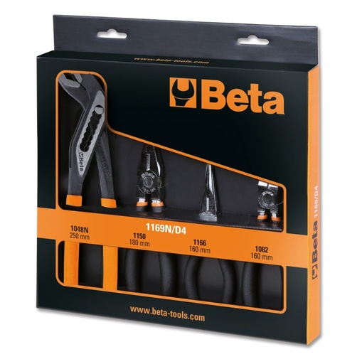 Beta 1169N/D4 – Assortimento di 1 pinza universale a grande effetto, 1 pinza becchi mezzotondi lunghi, 1 tronchese cromato e 1 pinza a cerniera chiusa fosfatata