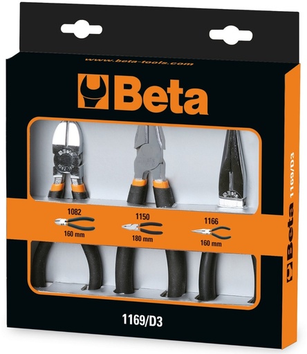 Beta 1169/D3 – Assortimento di 1 pinza universale, 1 pinza becchi mezzotondi lunghi e 1 tronchese, con 2 strati di PVC antiscivolo cromati