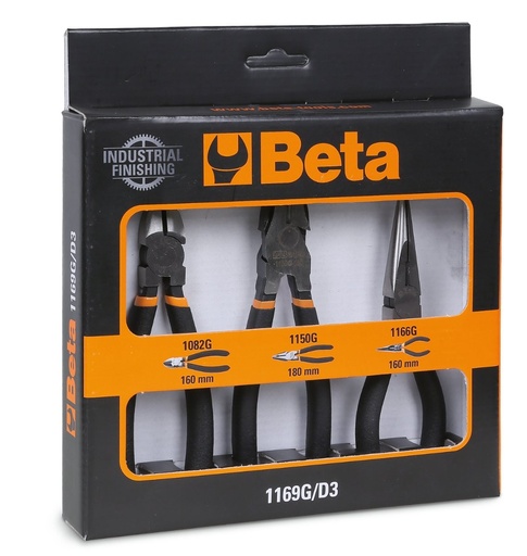 Beta 1169G/D3 – Assortimento di 1 pinza universale, 1 pinza becchi mezzotondi lunghi e 1 tronchese, con 2 strati di PVC antiscivolo con finitura industriale