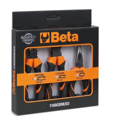 Beta 1169GBM/D3 – Assortimento di 1 pinza universale, 1 pinza becchi mezzotondi lunghi e 1 tronchese, impugnatura bimateriale, con finitura industriale
