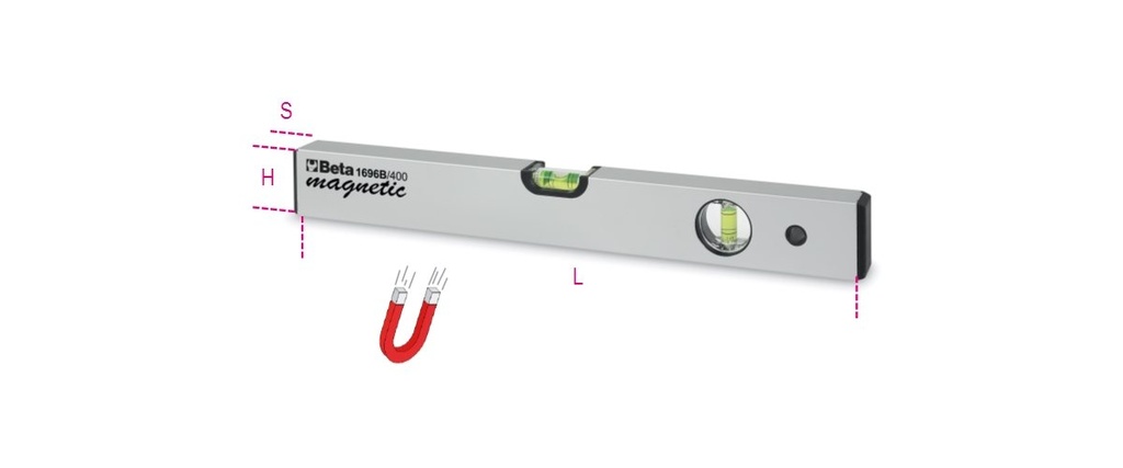 [016960203] Livelle con base magnetica in alluminio profilato anodizzato con due fiale infrangibili Beta 1696B 300