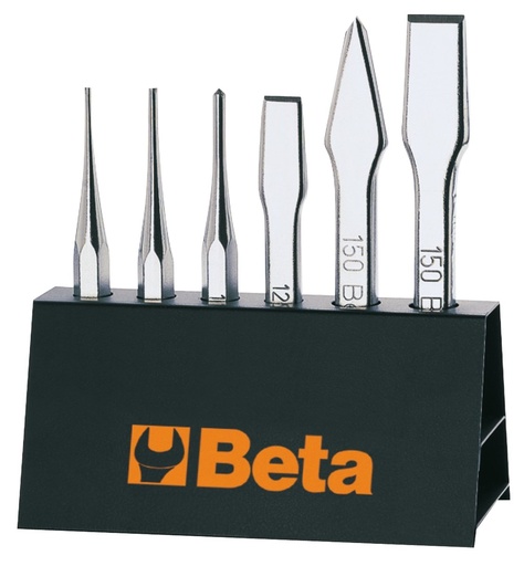 Beta 38_serie – Serie di 6 punzoni (art. 30), bulini (art. 32), scalpelli piatti (art. 34) e ugnetti (art. 36), con supporto