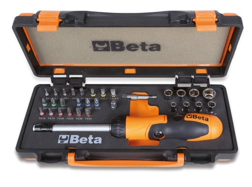 Beta 860/C38P – 1 portainserti con impugnatura a cricchetto reversibile, 27 inserti per avvitatori,8 bussole esagonali e 2 accessori in cassetta di lamiera con termoformato morbido
